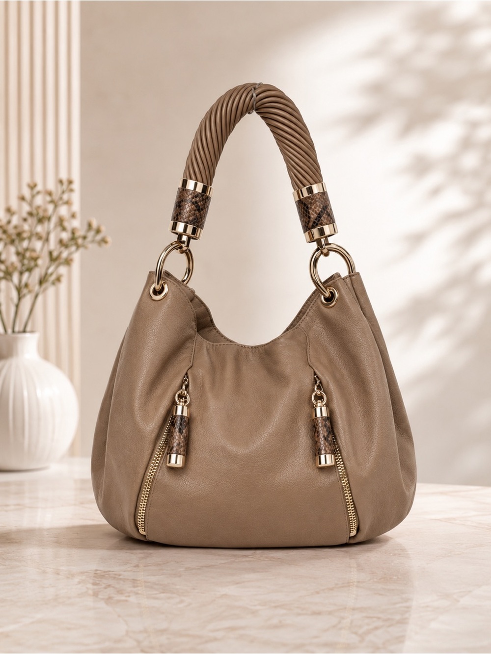 Michael Kors Pebbled TanLeather Hobo Shoulder Bag Taupe Beige Slouchy Satchel